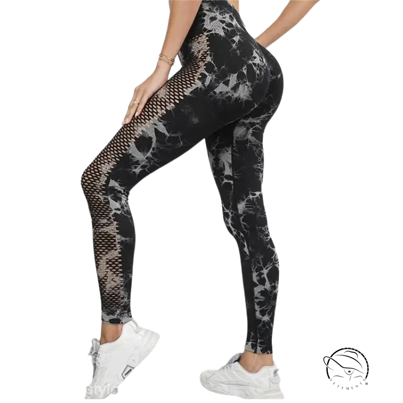 Black and gray tie-dye high-rise fitness pants with mesh panels
