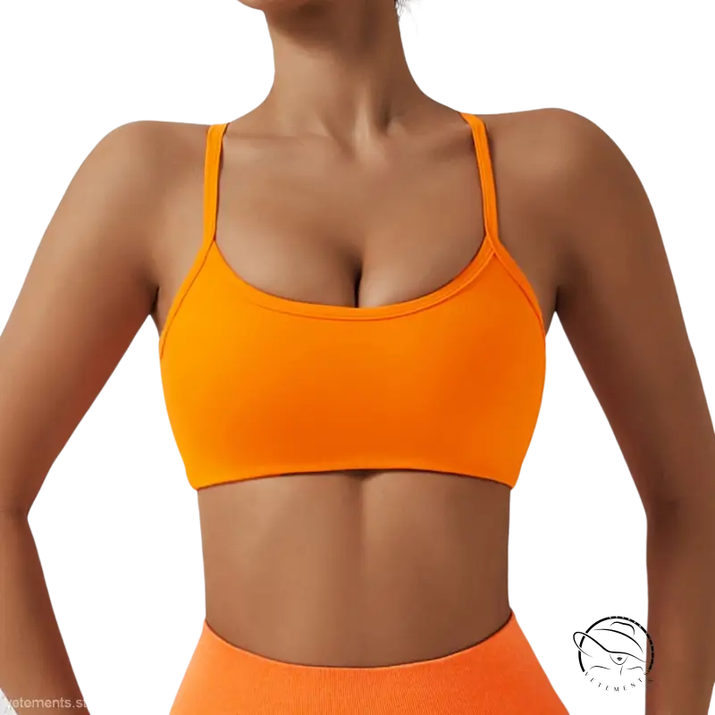 Bright fluorescent orange sports bra with thin straps in advanced black