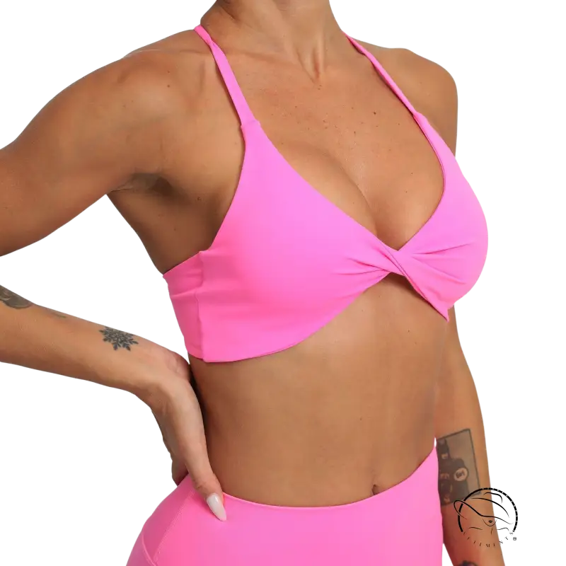 Pink twisted-front yoga bra activewear in Chishi Orange and Klein Blue