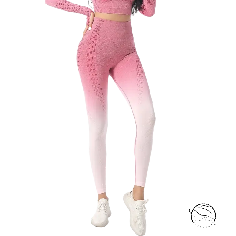 Pink ombre high-waist workout pants with textured fade to white