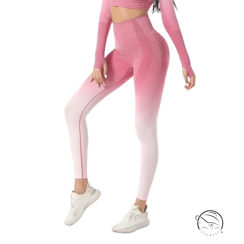 Pink ombre hip flex leggings with crop top and white sneakers