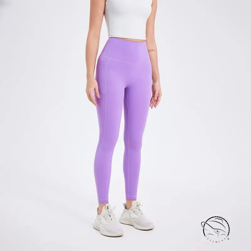 Deep smoky gray high-waist lavender leggings with white tank top