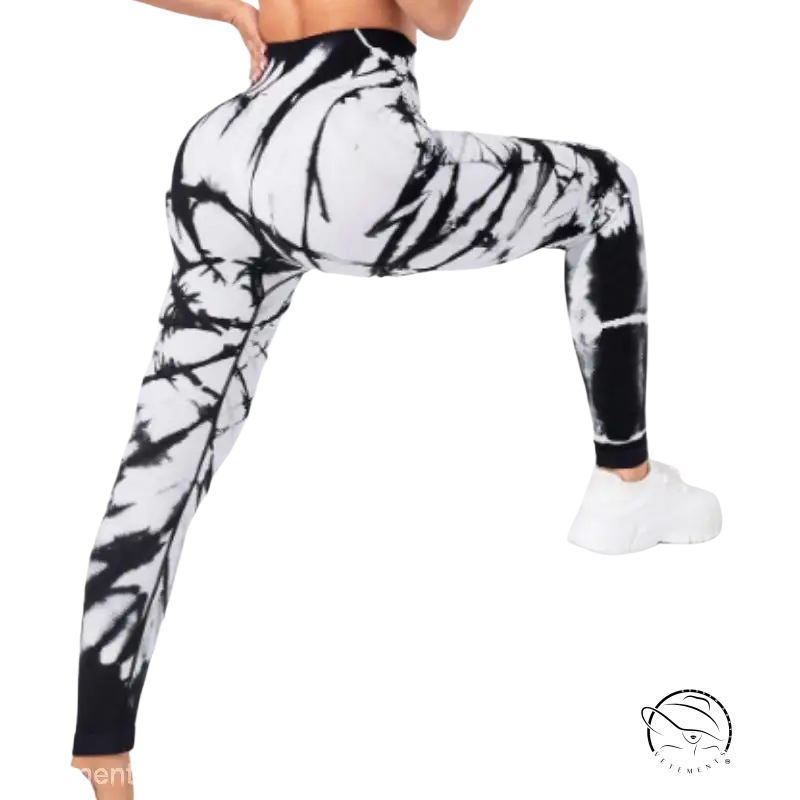 Black and white tie-dye high-waisted leggings in quick drying tight flex dry fitting