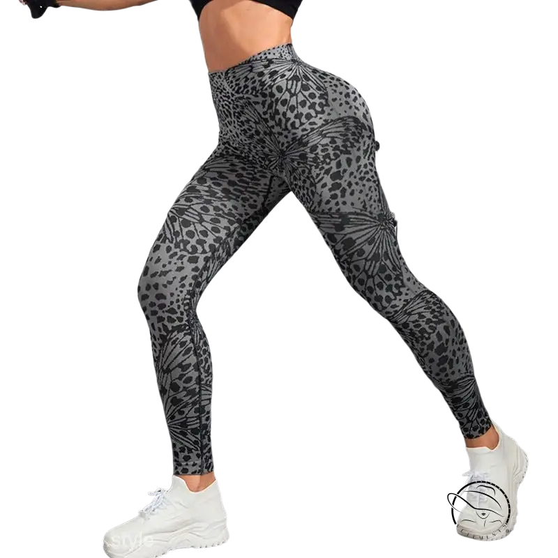 Gray leopard high waist nylon pants with sporty pattern