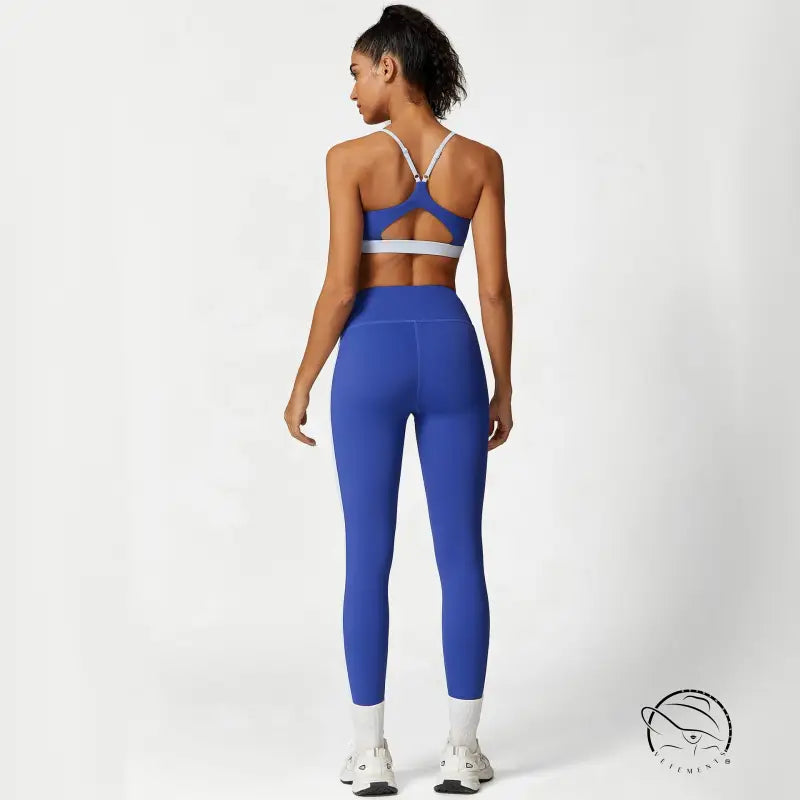 Blue sporty slim nylon color block cutout set for waist hip lift