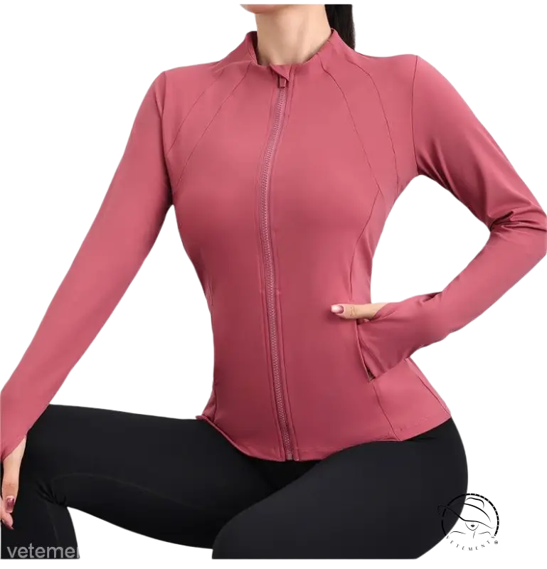 Fitted coral red and navy blue yoga coat with pink zip-up jacket design