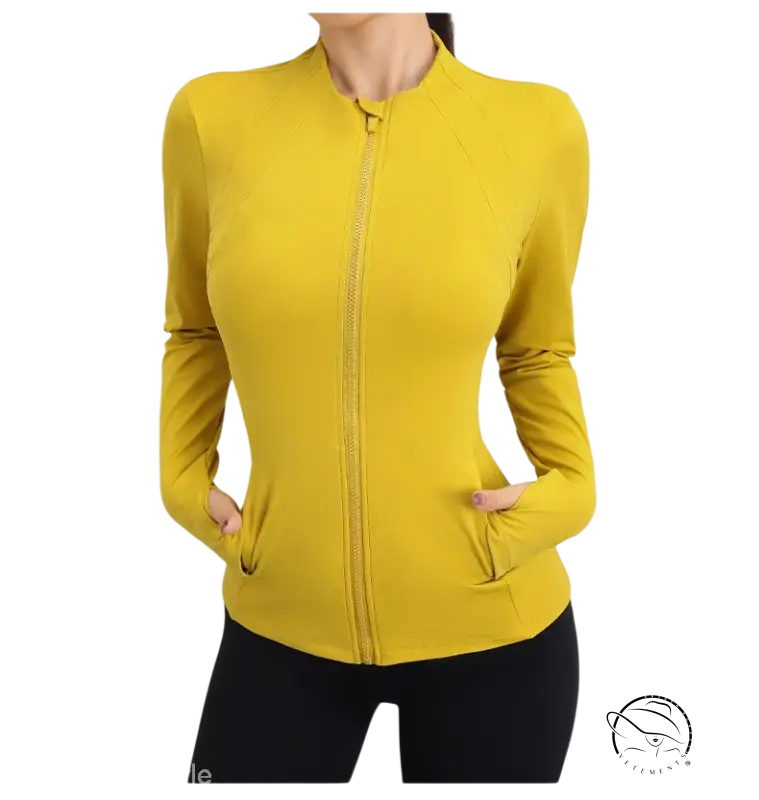 Vibrant coral red and navy blue yoga coat with yellow long-sleeved zip-up design