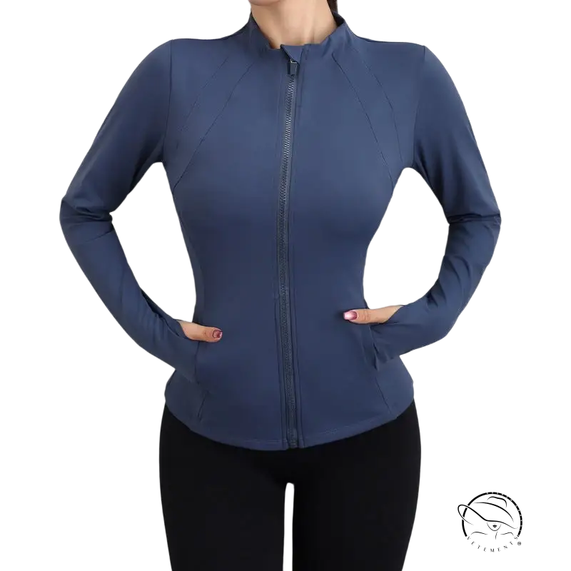 Sleek navy blue yoga coat with zipper, fitted design and pockets