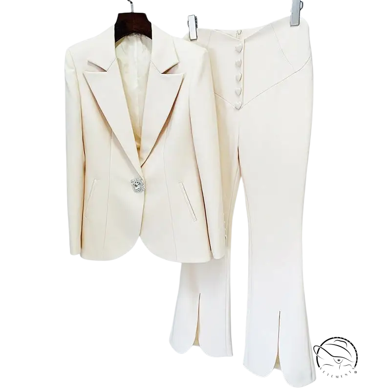 Cream-colored Stars Cover Work Suit with rhinestones and flared pants