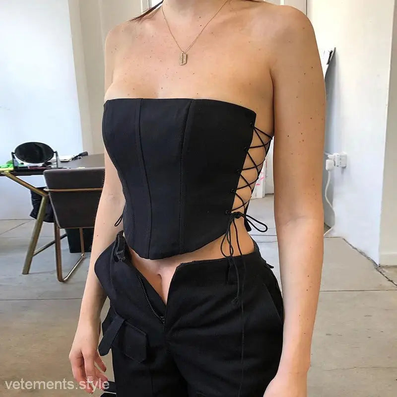 Black strapless boning corset top with lace-up detail for summer elegance