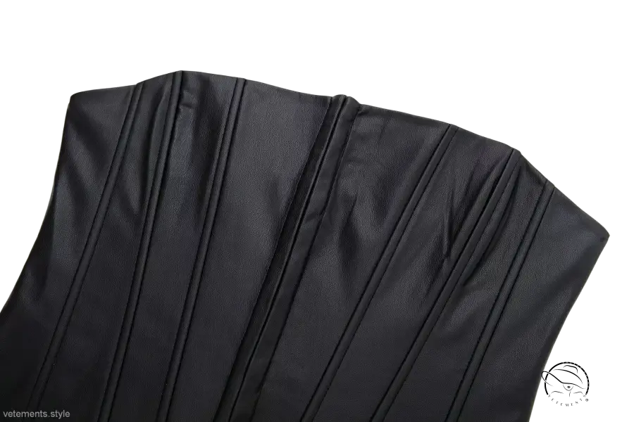 Black strapless faux leather corset tube top with seams and pleats