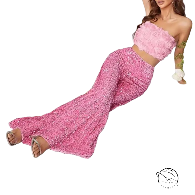 Stunning pinky suits featuring high waist slimming crop top and wide-leg summer high waist pants