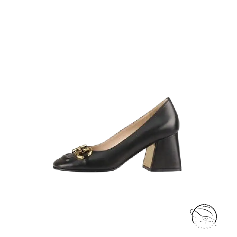 Milk white wedge heel with 5cm chunky black rear and gold buckle