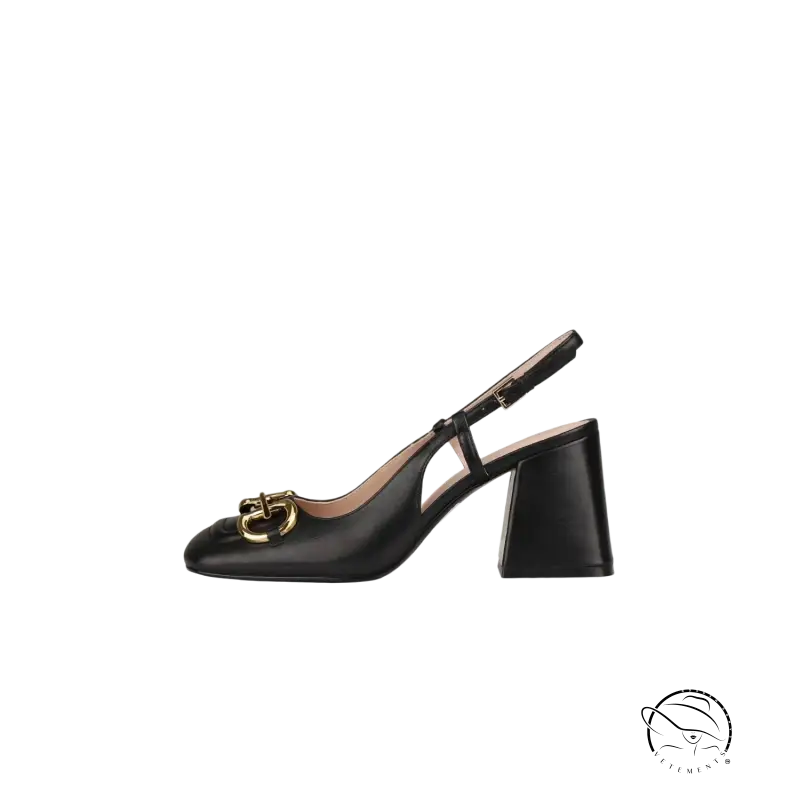 Black leather slingback pump with 5cm milk white wedge heel and gold toe detail