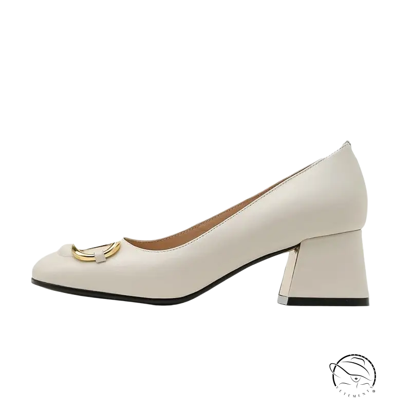 5cm milk white leather pump with chunky heel and gold toe accent