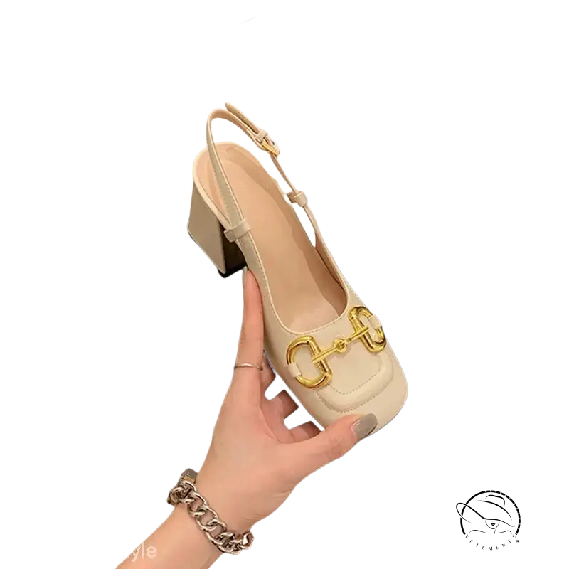 Cream-colored 5cm milk white slingback wedge heel with gold horsebit hardware