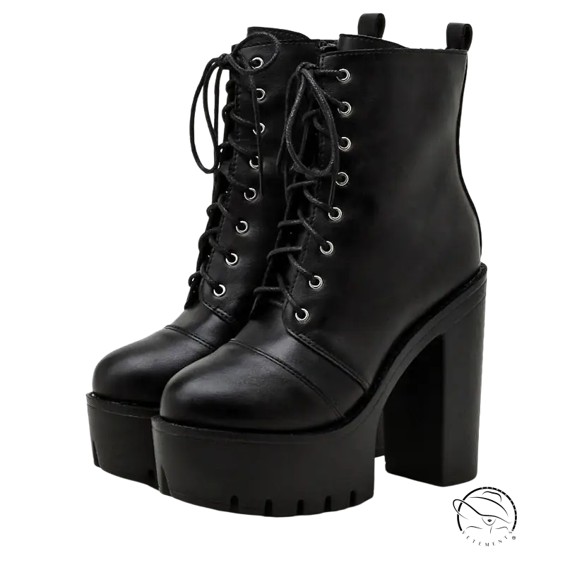 Stylish black square heel short boots with lace-up closure and high chunky heels