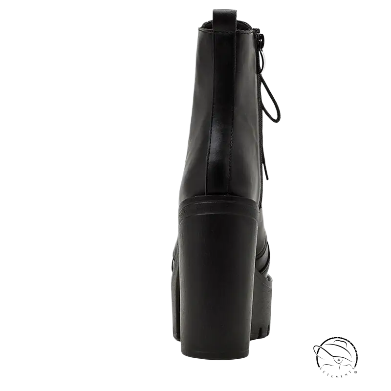 Stylish black square heel short boots with high block heel, platform sole and lace-up closure