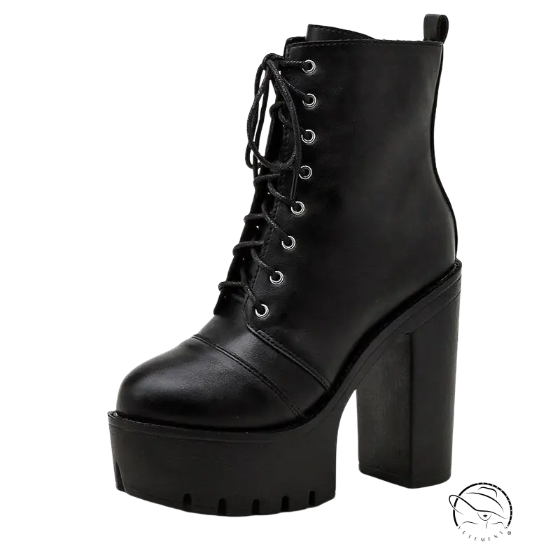 Stylish black square heel short boots with lace-up closure and high chunky platform