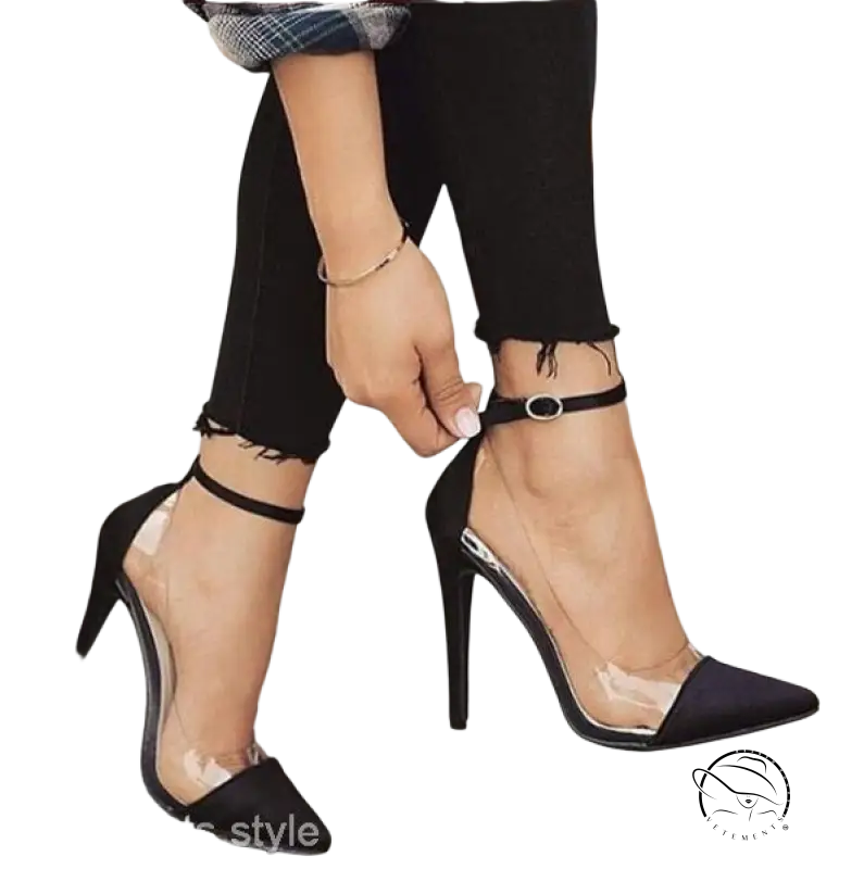 Stylish black high heel belt buckle pumps with transparent panels and ankle straps
