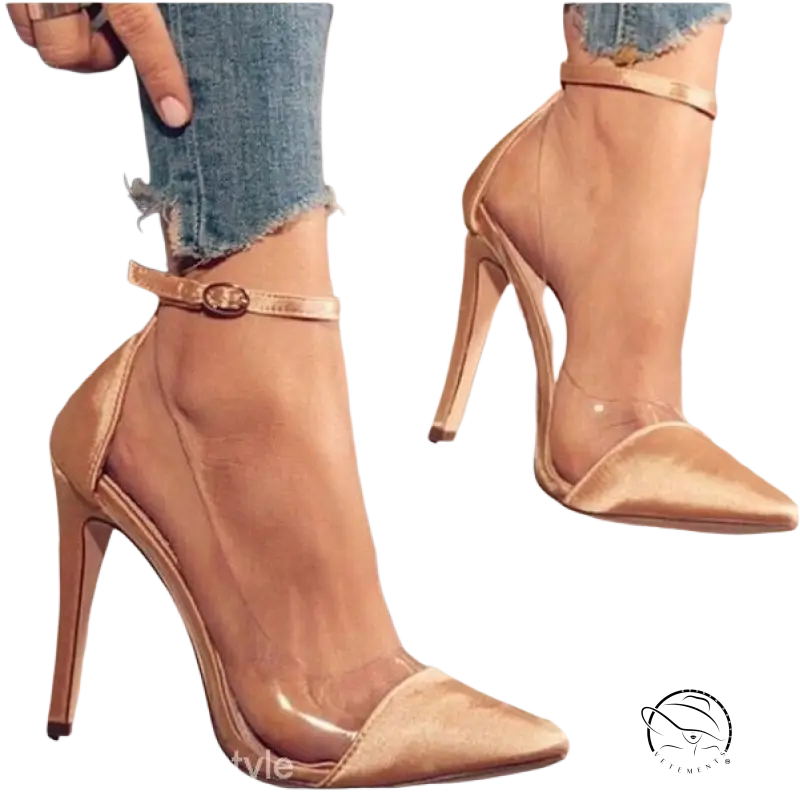 Gold-tone high heel belt buckle pumps with transparent panels