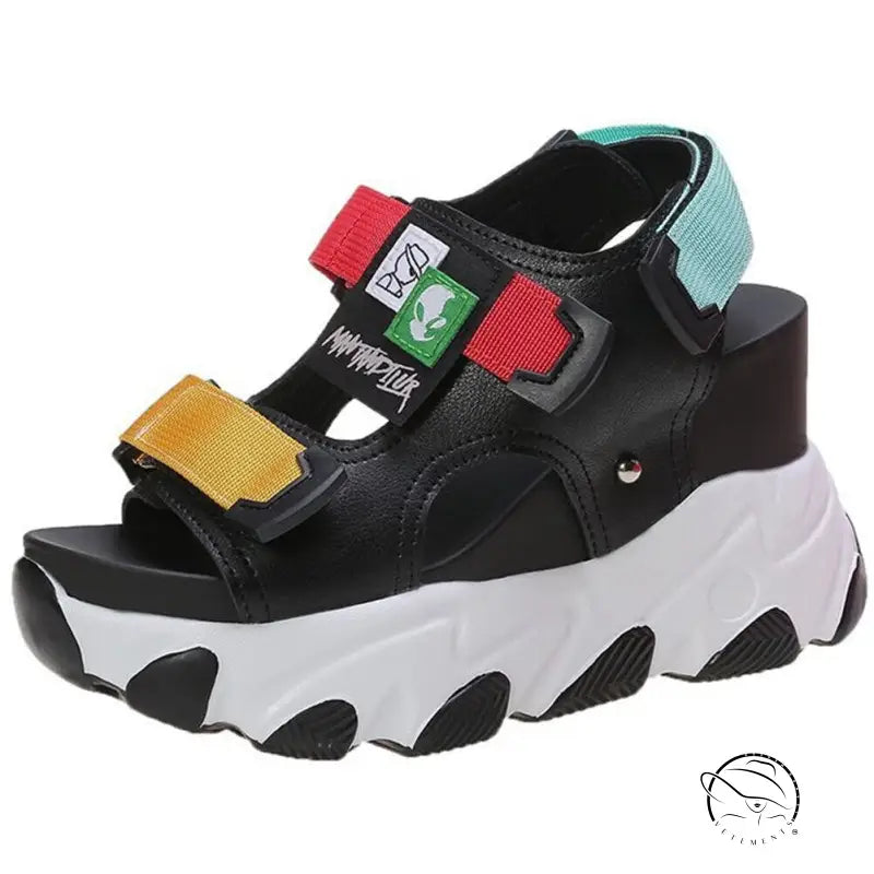 Stylish lace-up buckle punk sandals with chunky colorful straps and thick white sole