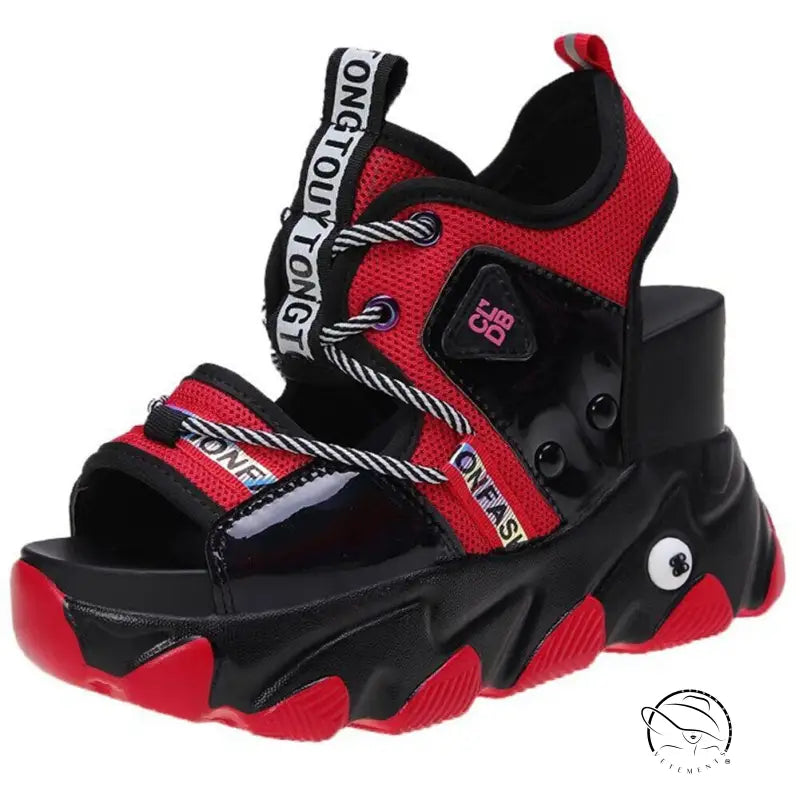 Chunky red black lace-up buckle punk sandals with mesh panels and long long straps