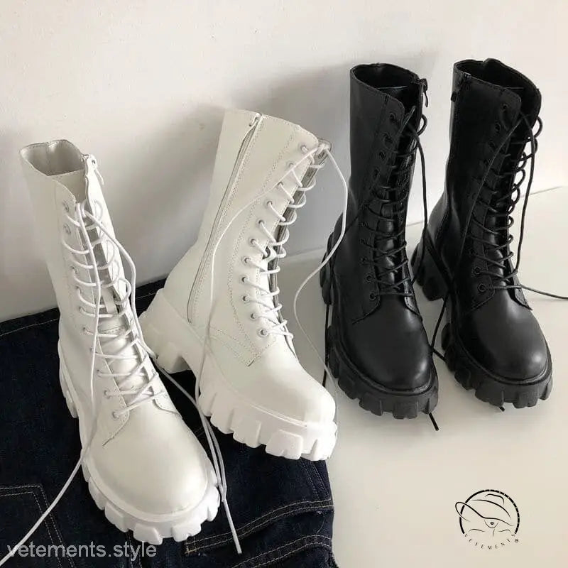 Stylish lace-up platform boots in white and black combat styles
