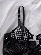 Black patent leather and mesh bustier featured in Stylish Patent Leather Solid Cutout Leather Teddy Bodysuit