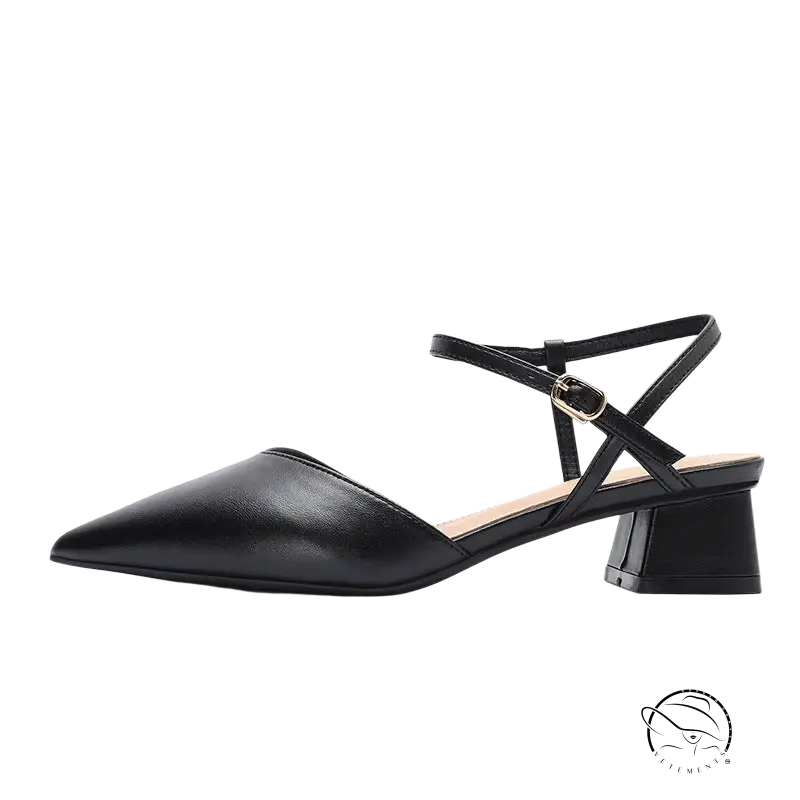 Black leather ankle-strap stylish sandals with block heel and gold buckle, milk card free shipping