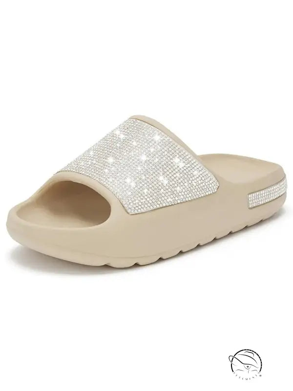 Beige stylish slippers with rhinestone strap, free shipping
