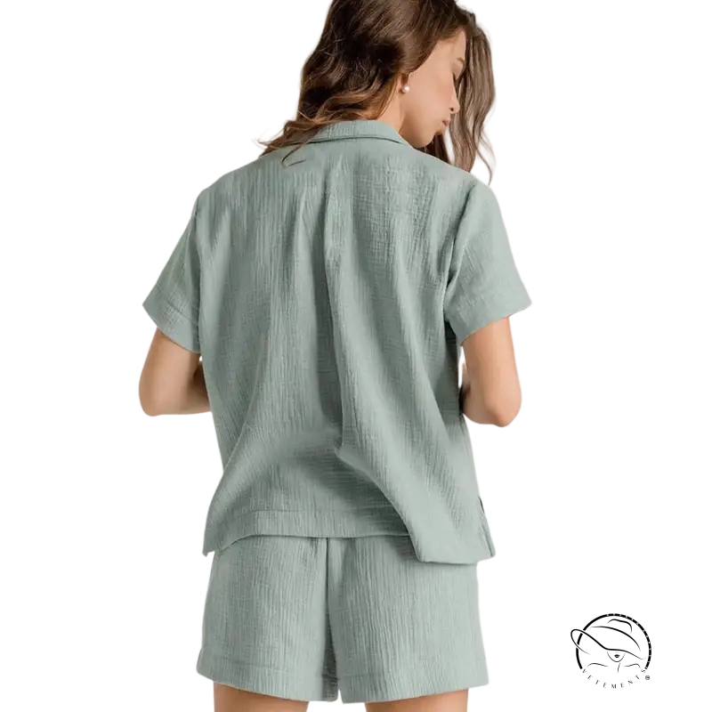 Light green textured summer cotton French pajama set with shorts
