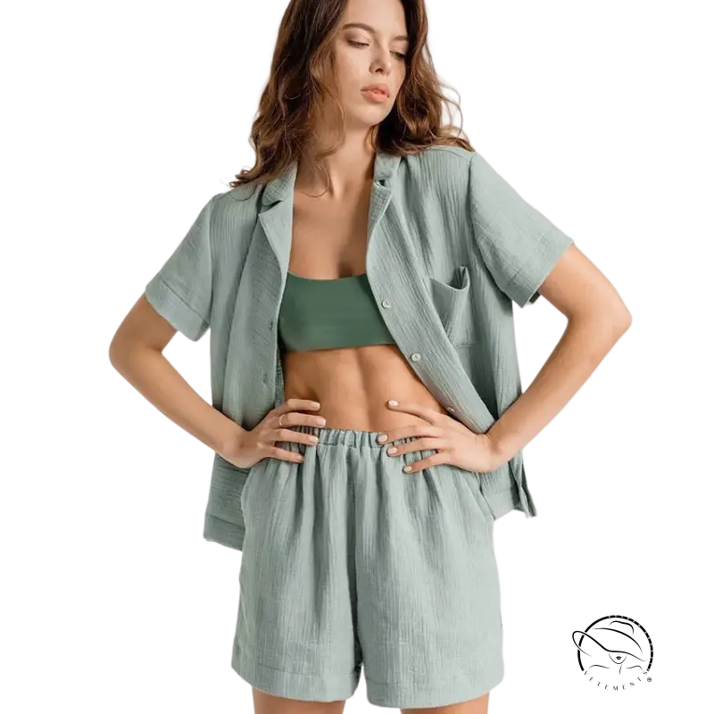 Light green summer cotton French pajama set with short sleeves and bottoms