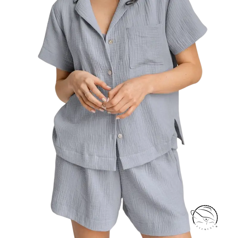Light blue summer cotton French pajamas set with short sleeves