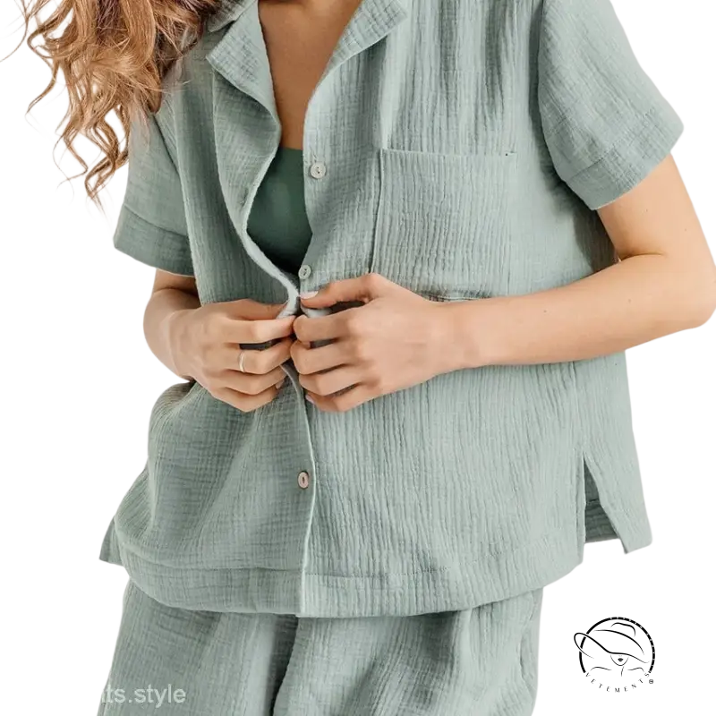 Light green summer cotton French pajama set with short sleeves and bottoms