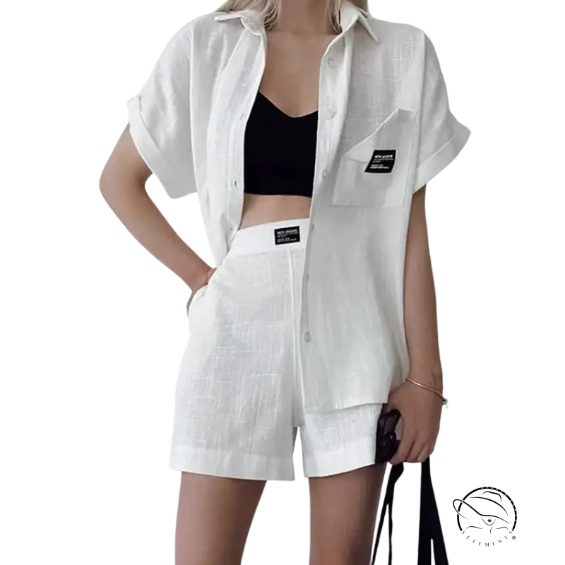 White summer cotton linen casual holiday set with short sleeve collared top