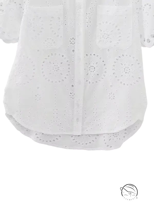 White eyelet summer embroidered shirt with pocket and short sleeves