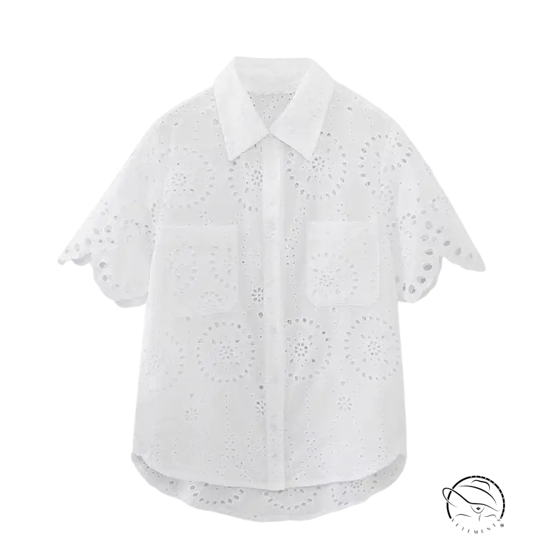 White eyelet summer embroidered shirt with pocket and short sleeves