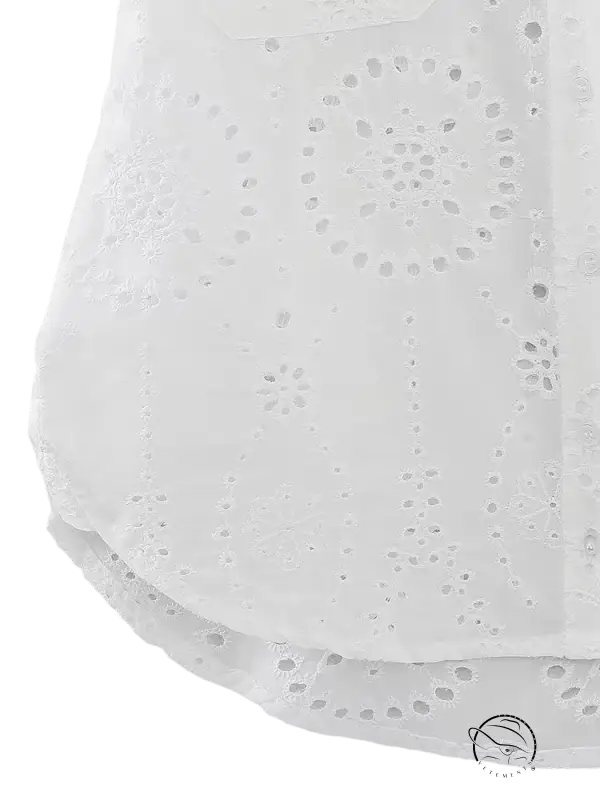 White eyelet fabric in summer embroidered shirt with pocket and short sleeves