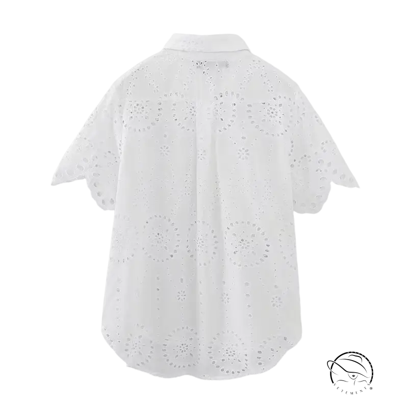 White eyelet embroidered summer shirt with pocket and short sleeves