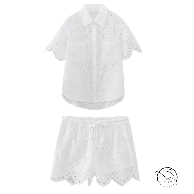 White eyelet summer embroidered shirt with pocket and shorts set