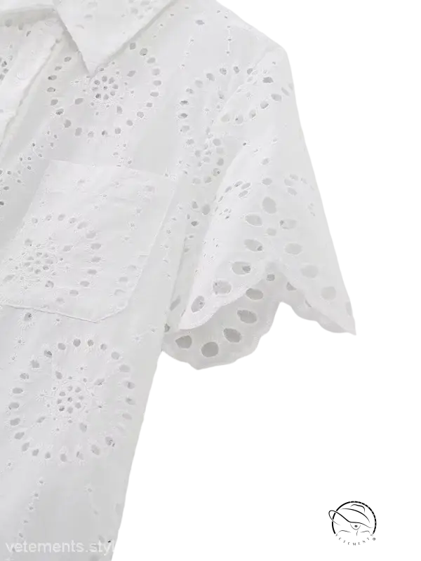 White eyelet short-sleeved summer embroidered shirt with pocket