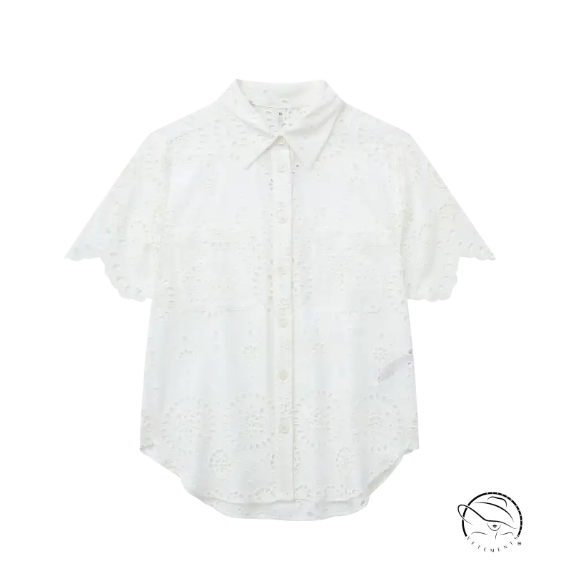 White eyelet summer embroidered shirt with pocket and short sleeves