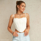 White lace corset-style crop top with thin straps from Summer Boning Corset collection