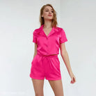 Hot pink satin summer sporty pajamas set with sleeve shorts for comfortable summer sleep