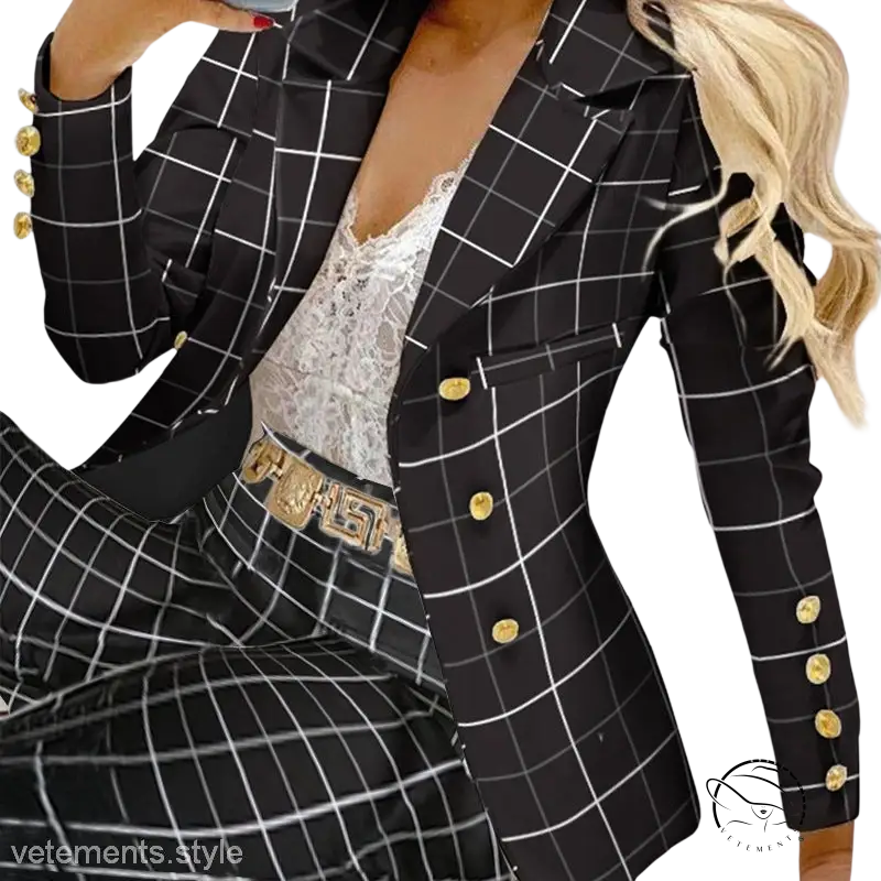 Black and white plaid Urban Office Suit with gold buttons and winter straight leg pants