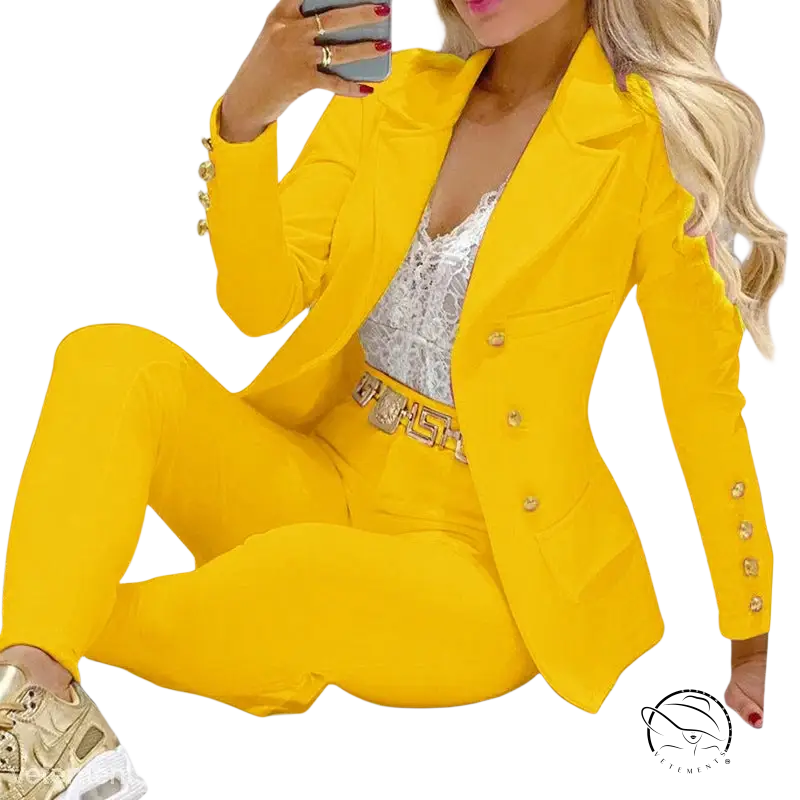 Yellow Urban Office Suit featuring gold accents with winter straight leg pants