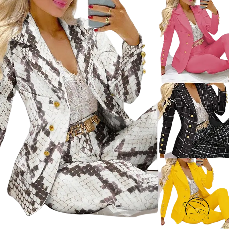 Women’s Urban Office Suit with Animal Print Long Sleeve Top and Winter Straight Leg Pants
