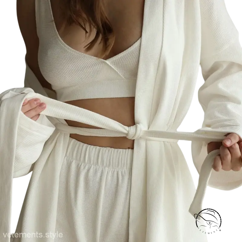 White waffle pajamas three-piece lounge set with shorts