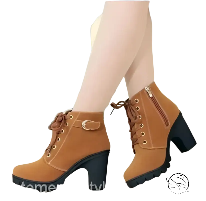 Tan waterproof high heel martin leather boots with chunky treaded soles